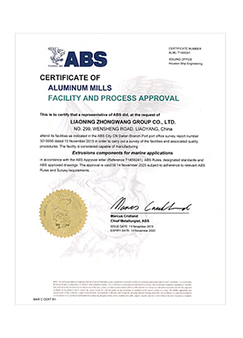 Certificate of Aluminum Mills Facility and Process Approval on Manufacturing Extrusions Components for Marine Applications
