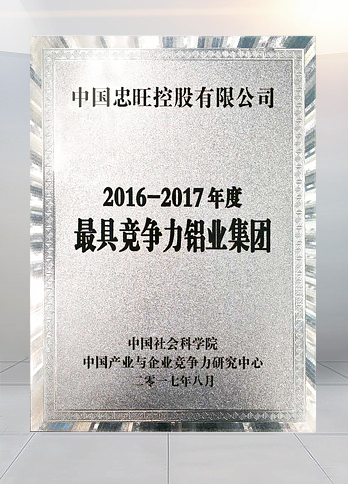 “Most Competitive Aluminium Manufacturer 2016-2017” awarded by the Chinese Academy of Social Sciences