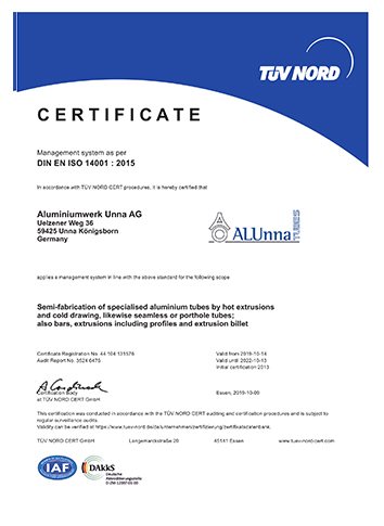 Certificate on EN ISO 14001 Environmental Management System
