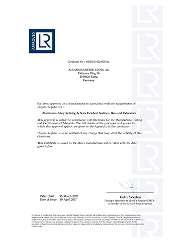 Accreditation from Lloyd's Register of Shipping on the Production of Aluminium Alloy Refining & Semi Finished Products, Profiles, Bars and Extrusions