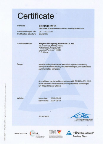 EN 9100:2016 Aviation Quality Management System Certificate