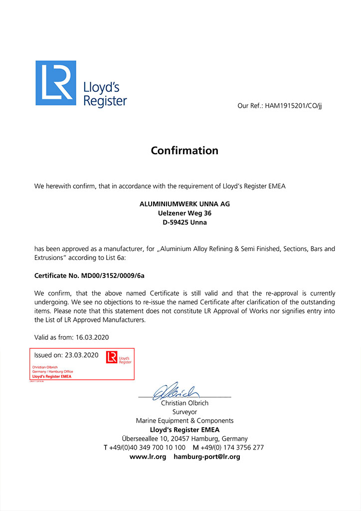 Lloyd’s Register EMEA “Aluminium Alloy Refining & Semi Finished, Sections, Bars and Extrusions Manufacturer” Certification
